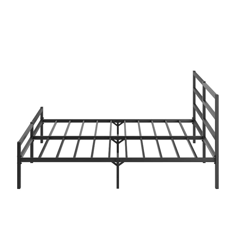 Queen Size Metal Platform Bed with Wavy Wooden Headboard