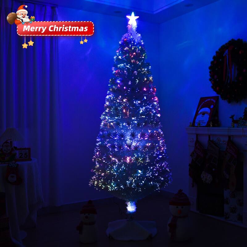 6 ft Fiber Optic Christmas Tree Pre-Lit Multi-Color Auto-Changing Lights with Star Topper and Sturdy Iron Base - 6 Ft
