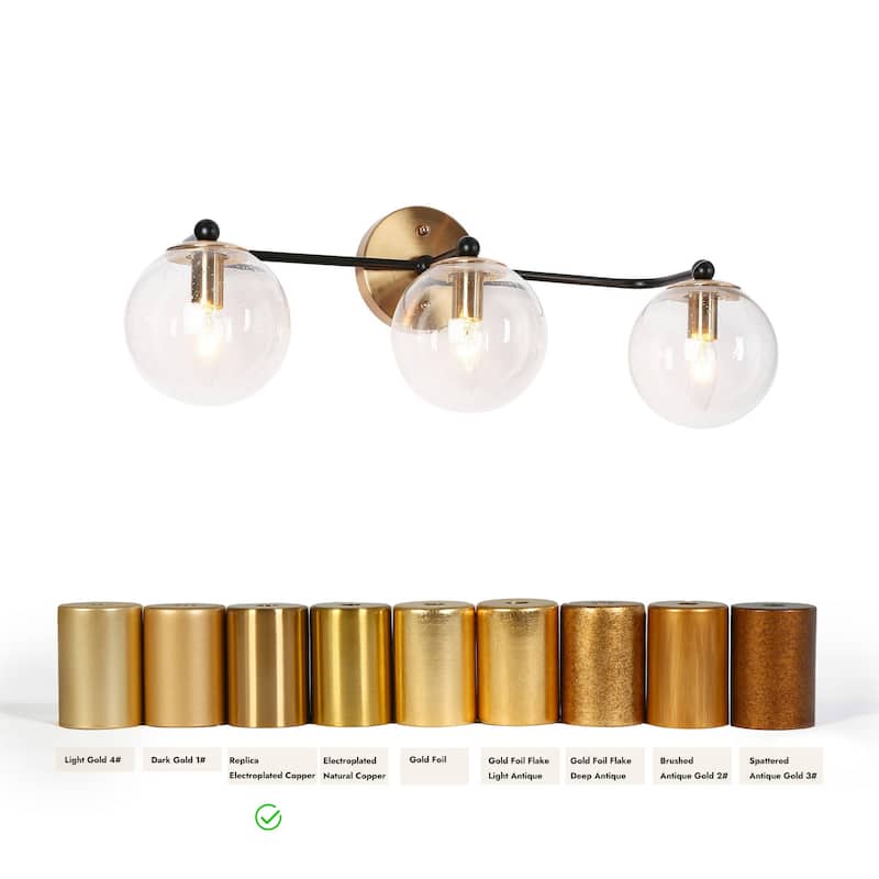 Mid-Century Modern 3-Light Black Gold Bathroom Vanity Light Globe Glass Wall Sconces - 24.5" L x 7.5" W x 8" H