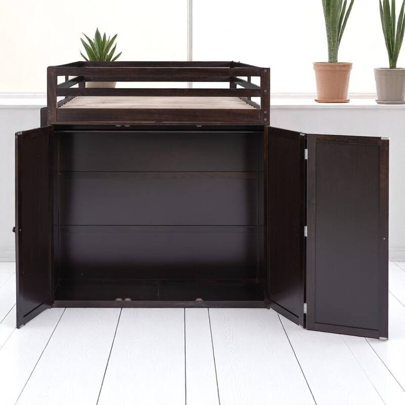 Wooden Twin/Full Loft Bed with Built-in Desk, Wardrobe Closet & Storage Drawers, Guardrail Design