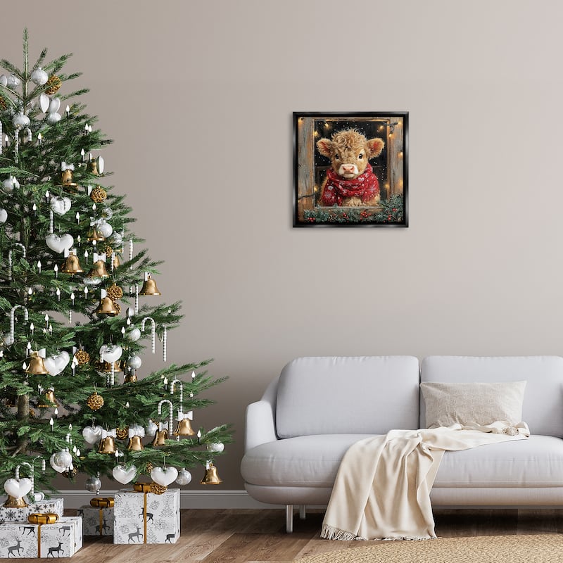 Stupell Calf with Holly & Lights Garland Framed Floater Canvas Wall Art Design By Riley B