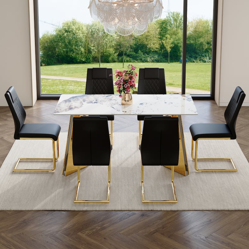7-Piece Luxury Dining Table and Chair Set, Stone Tabletop Rectangular Table with Stainless Steel Butterfly Legs and 6 PU Chairs