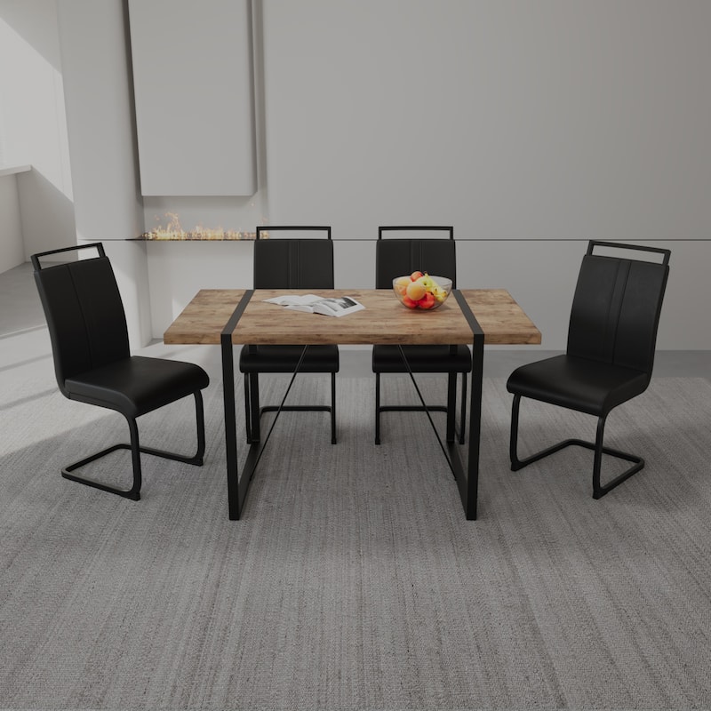Modern 5-Piece Dining Set with Dark MDF Rectangular Table & 4 High Back Black Metal Legs Chairs - Black