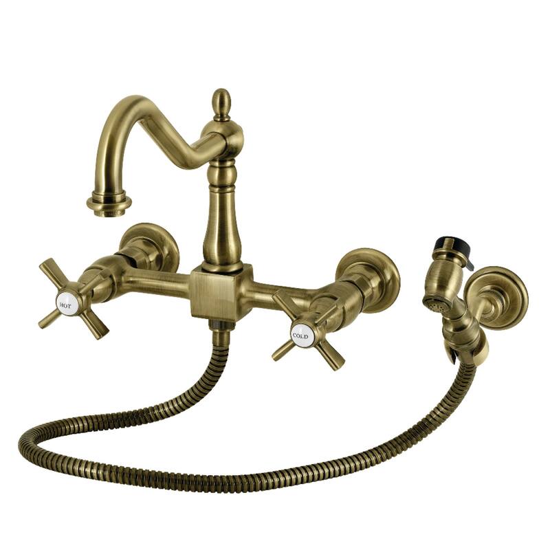 Kingston Brass Essex Double-Handle Wall-Mount Pre-Rinse Bridge Kitchen Faucet - Antique Brass