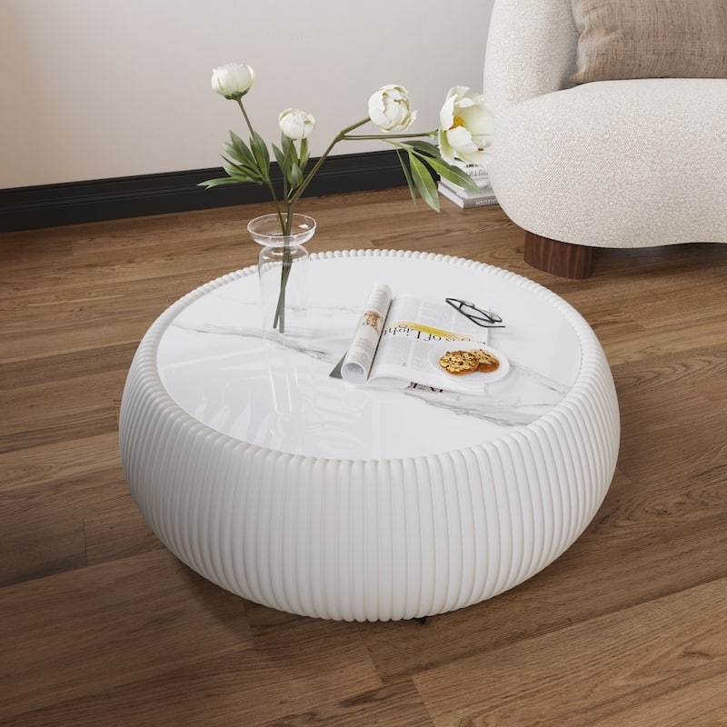 27.55" Modern Drum-shaped Marble Top Coffee Table with Microfiber Leather