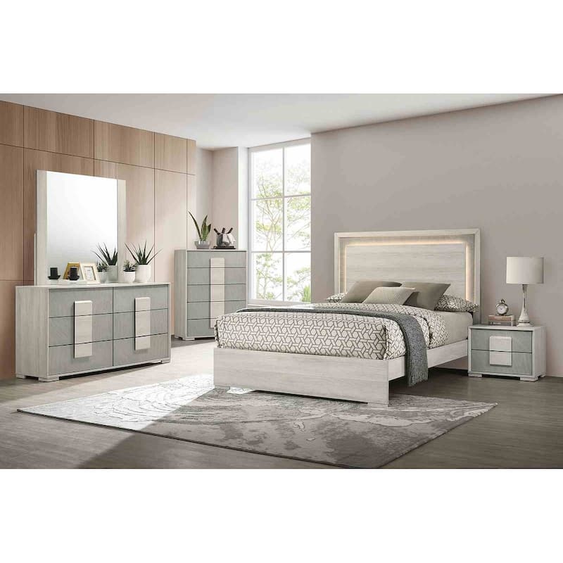 Contemporary Stone Gray Finish Bedroom Set LED Bed Nightstand Dresser Mirror Chest