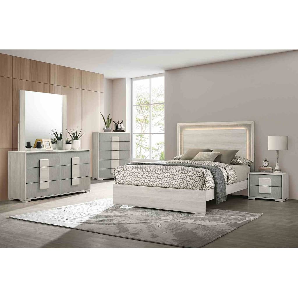 Contemporary Stone Gray Finish Bedroom Set LED Bed Nightstand Dresser Mirror Chest