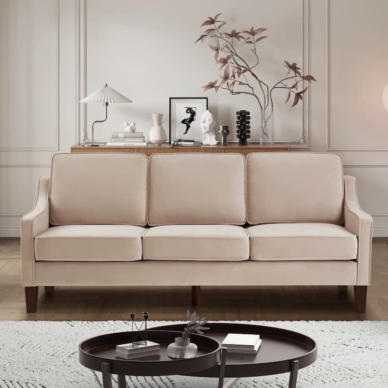 Modern 74" Velvet 3-seater Upholstered Sofa with Scooped Armrest and Removable Cushions for Living Room - Taupe