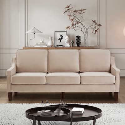 Taupe Modern 74" Velvet 3-seater Upholstered Sofa with Scooped Armrest and Removable Cushions for Living Room