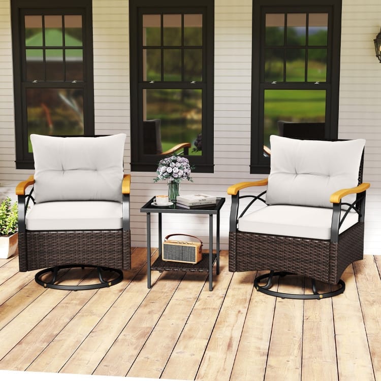 3 Piece Mix Brown Rattan Swivel Chairs Set with Cushions and Table - Chair: 27" x 25" x 33.5"