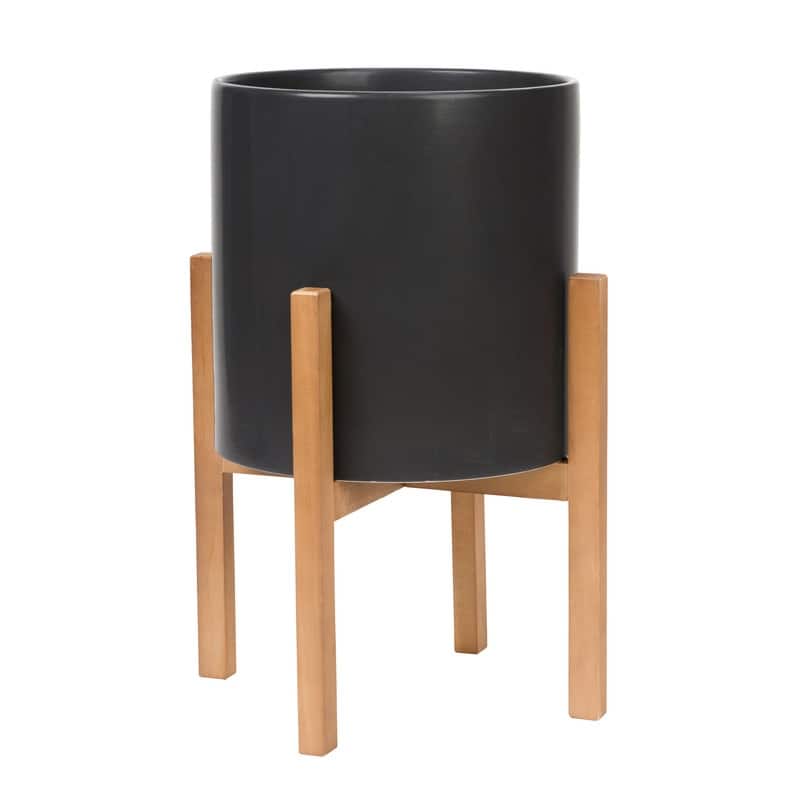 Liam Modern Ceramic Planter with Wood Legs - 22"H x 15.5"W - Black