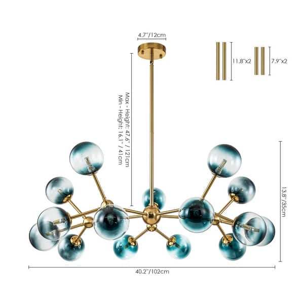 15-Light Modern Large Sputnik Glass Chandelier Cluster Blue Glass Bubble Pendant Light for Dining Room - 40.2 in. W x 13.8 in. H