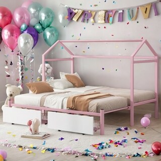 2 Color Twin XL to King Metal House Bed with 2 Drawers