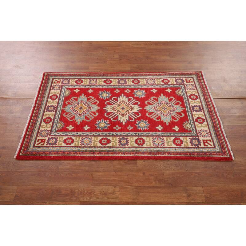 Geometric Red Kazak Foyer Rug Hand-Knotted Oriental Wool Carpet - 2'7" x 4'3"