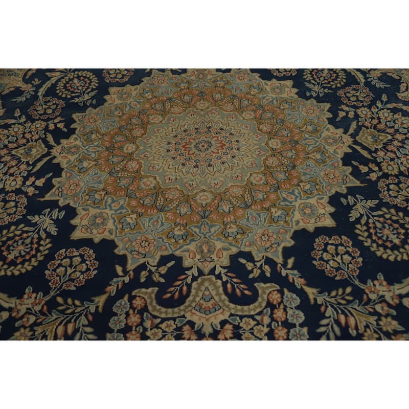 Hand Knotted Oriental 100% Wool Carpet Traditional Floral Navy Blue & Blues Kerman Area Rug - 13' 4'' X 10' 0''