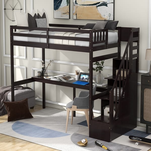 Pine Wood Twin Loft Bed with Built-in Desk and Storage Staircase - Bed ...