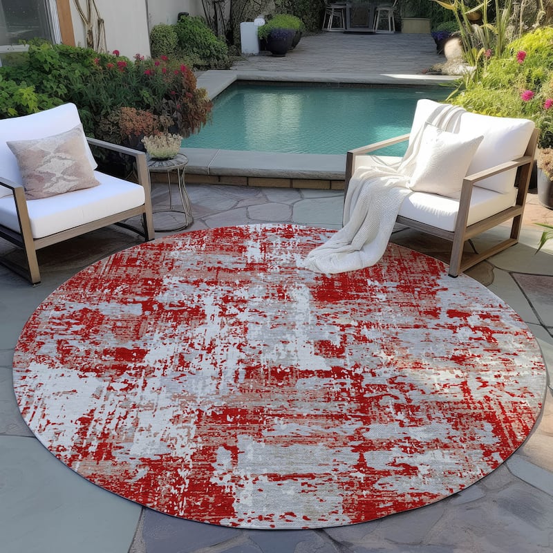 Machine Washable Indoor/ Outdoor Abstract Chantille Rug - Red - 8' x 8'