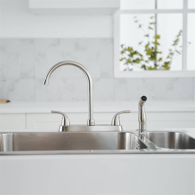 Bridge Kitchen Faucet with Side Sprayer Brass Double Handle Commercial Bridge Kitchen Sink Faucets 4 Holes