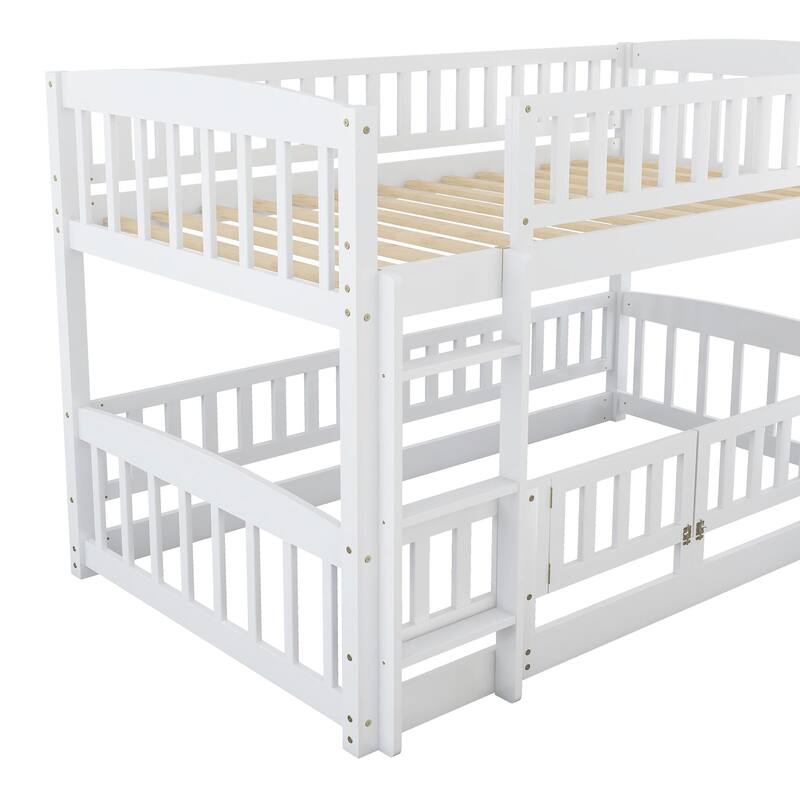 Twin-Over-Twin Bunk Bed with Slide Ladder & Slide, Solid Wood Low Bunkbed Frame w/Guardrail for Kids Teens, No Box Spring Needed