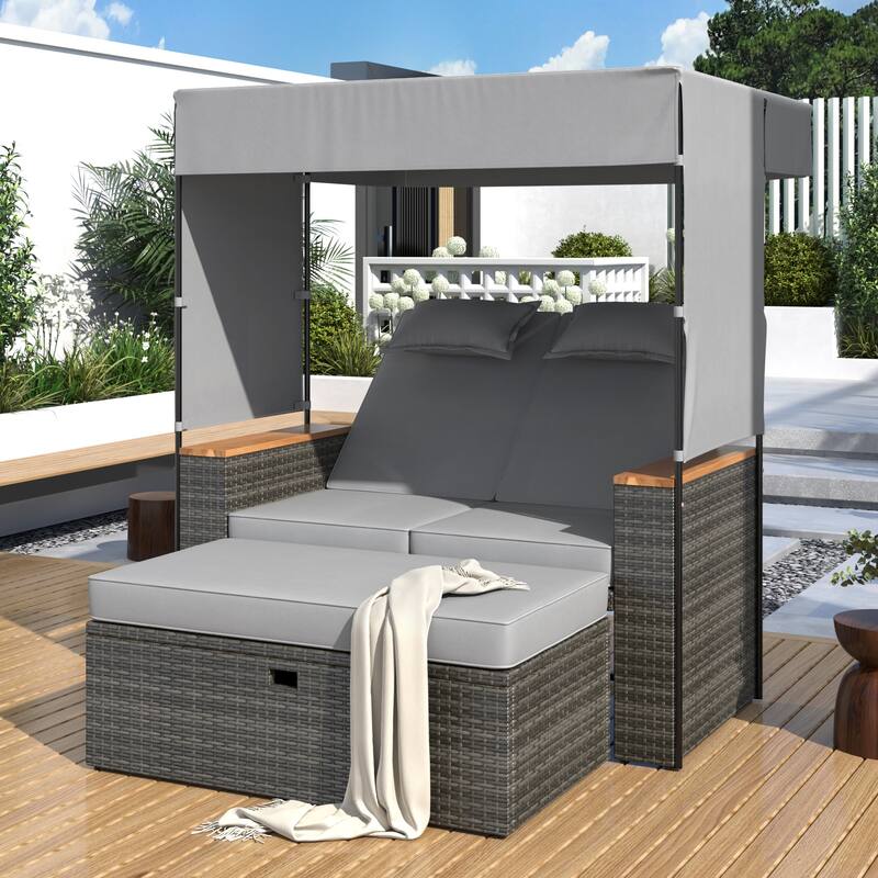 2 Piece Outdoor Rattan Daybed with 5 Positions,Bench and Cushions - Gray