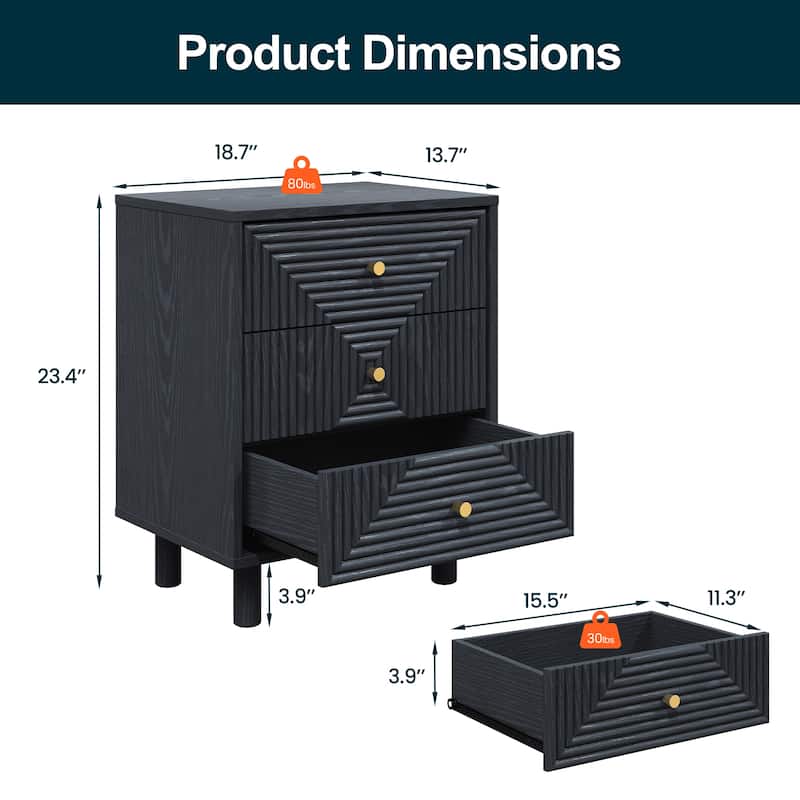 Black 3-Drawer Nightstand with Solid Wood Legs