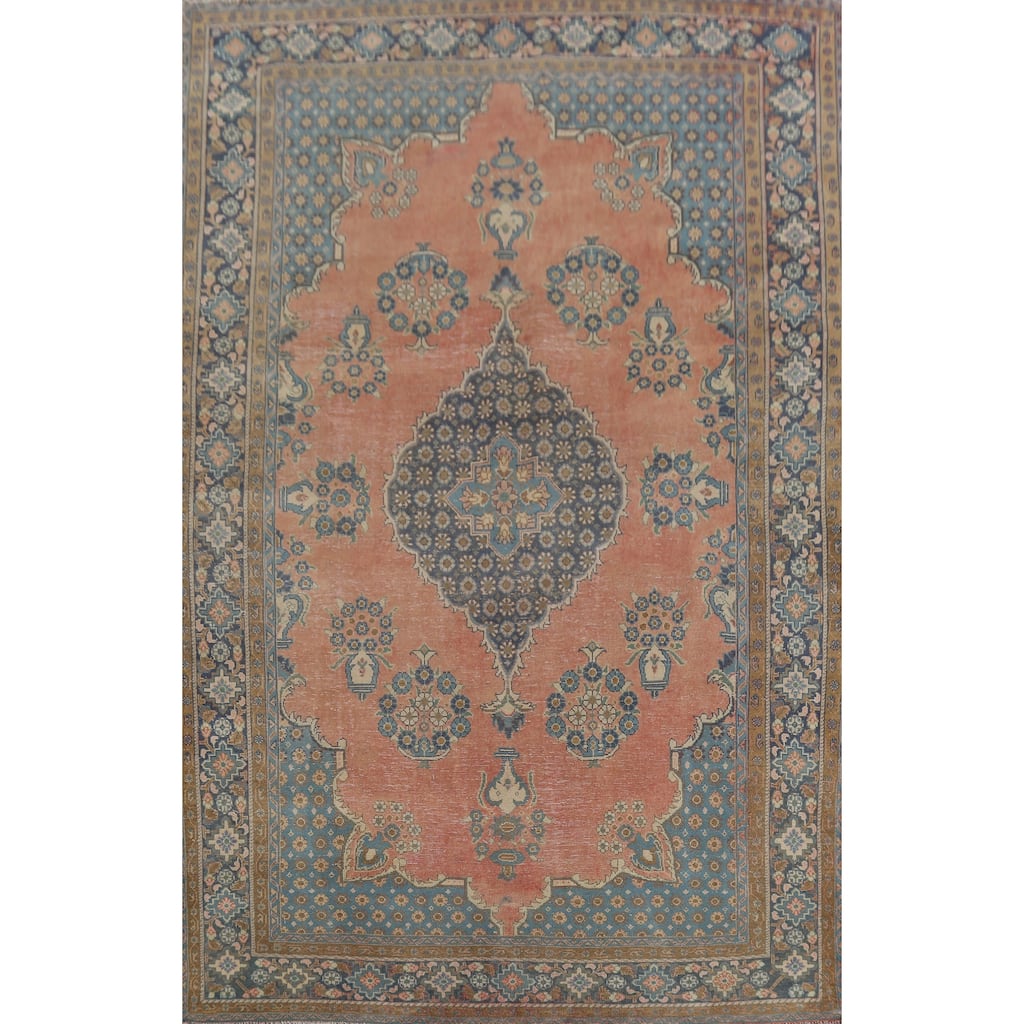 Tabriz Persian Vintage Rug Hand-Knotted Coral Wool Carpet - 6'11"x 10'3"