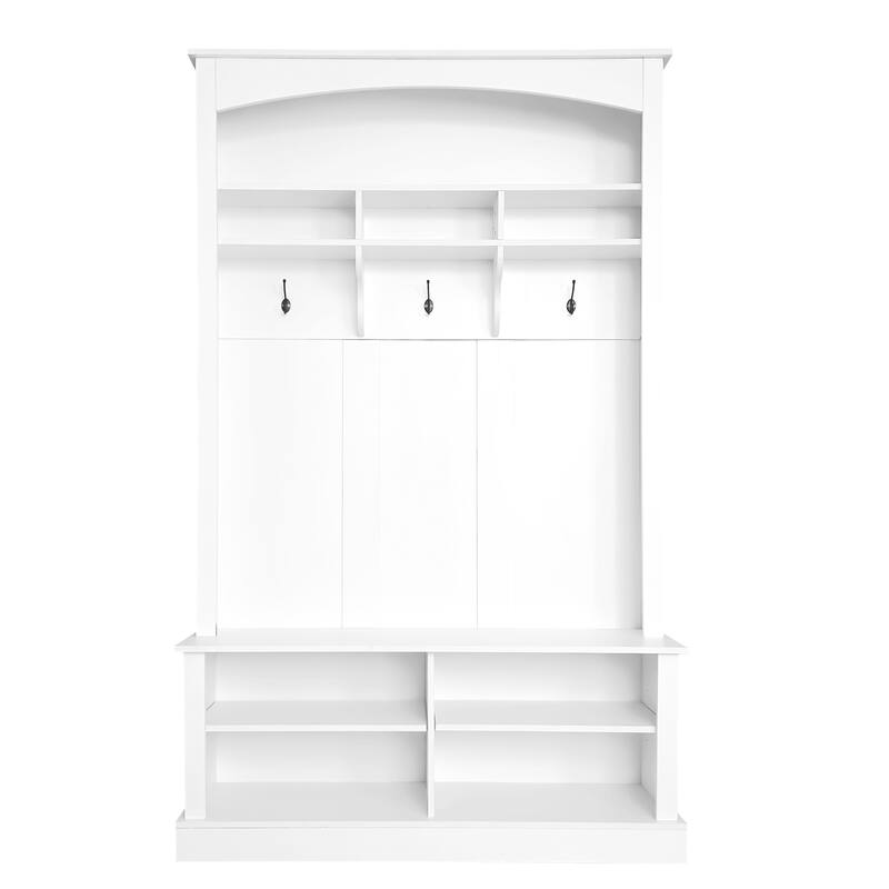 Rectangular Mudroom Hall Tree Storage Bench with Shoe Storage, Stylish Coat Rack Bench with Open Shelves for Entryway
