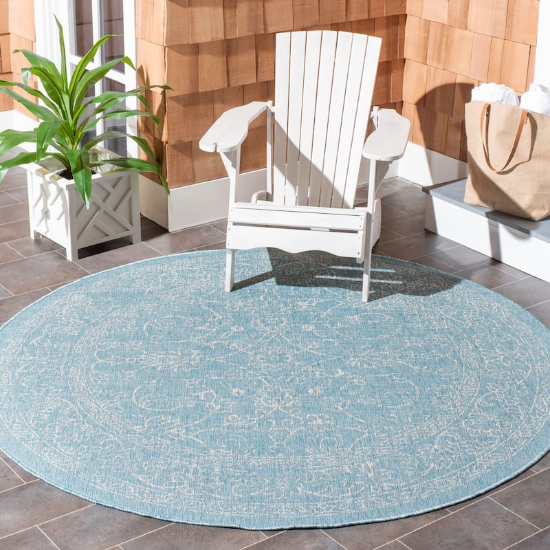 SAFAVIEH Courtyard Aquata Indoor/ Outdoor Waterproof Patio Backyard Rug - 5'3" Round - Aqua/Grey