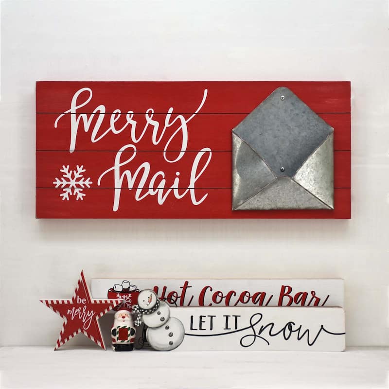 Wood and Metal Christmas Card Holder，Merry Mail,Red