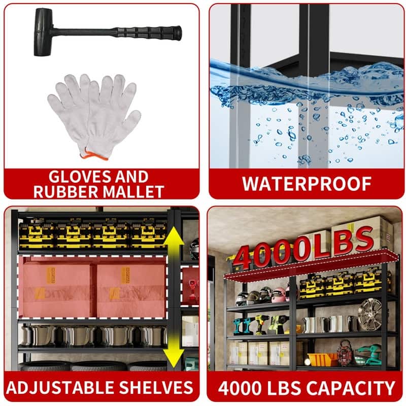 5/6-Tier Adjustable Heavy Duty Metal Storage Shelves, Black, 72/82"H