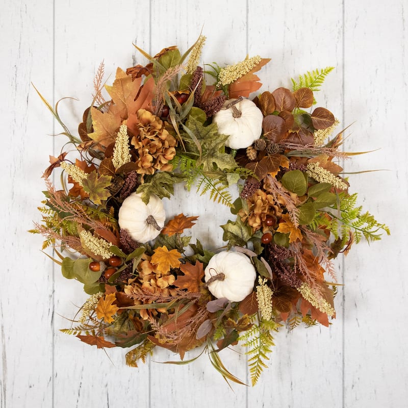 Pumpkins and Leaves Artificial Fall Harvest Wreath - 26" - Unlit