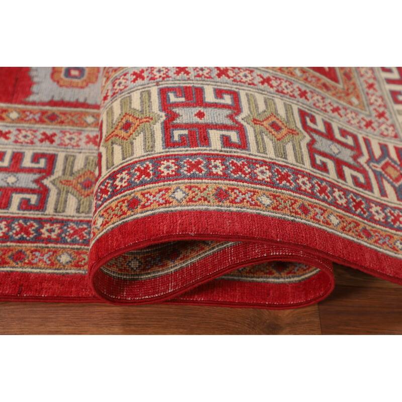 Oriental Red Geometric Kazak Area Rug Hand-Knotted Wool Carpet - 6'5" x 9'8"