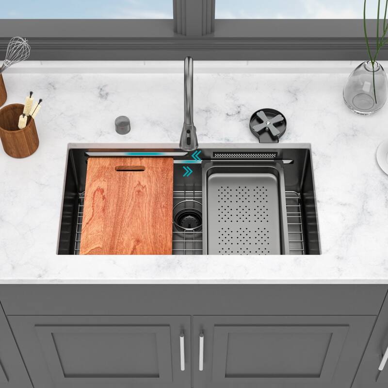 33" Undermount Waterfall Gunmetal Black Kitchen Sink - Single Bowl 16 Gauge Stainless Steel Ledge Workstation Kitchen Sinks - Gunmetal Black