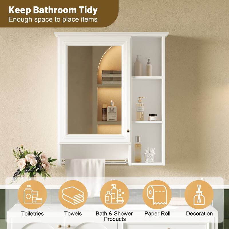 24-inch 3-in-1 Bathroom Mirror Cabinet - Wall Mounted Medicine Cabinet with Adjustable Shelf & Tower Bar, High-Define Mirror