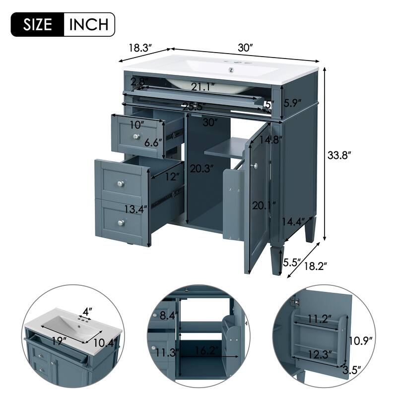 GDFStudio - Halmore Modern Freestanding Bathroom Vanity with Resin Sink, 2 Storage Drawers and a Tip-Out Drawer - 30'W