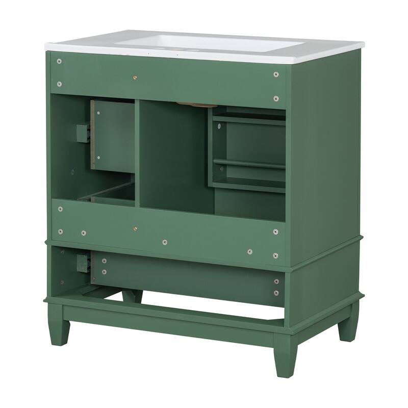 30" Bathroom Vanity with Ceramic Sink, Freestanding Bathroom Vanity Cabinet w/ 3 Storage Drawers, 1 Soft Close Door & Door Shelf