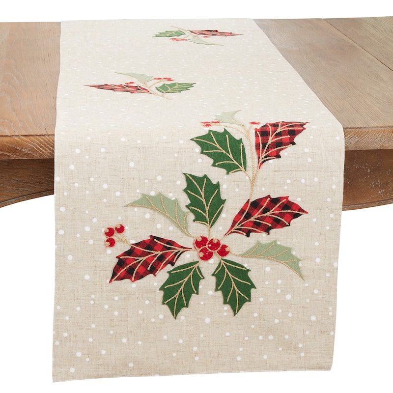 Winter Forest Buffalo Plaid Holly Leaves Table Runner - 16"x70" - 16"x70"