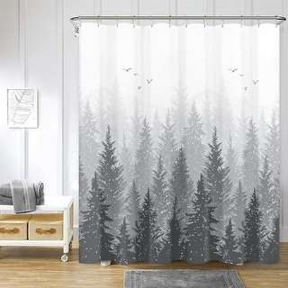 Misty Forest Shower Curtain – Dark Grey Pine Tree Scene, 70x70 Inch, Polyester Fabric With Hooks - View #5