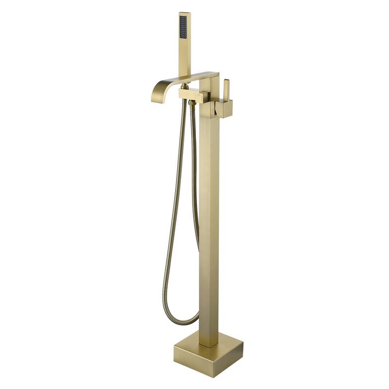 Floor Mount Waterfall Bathtub Faucet With Hand Shower, Single Handle Freestanding Bathroom Tub Filler Trim With Handheld - Brushed Gold