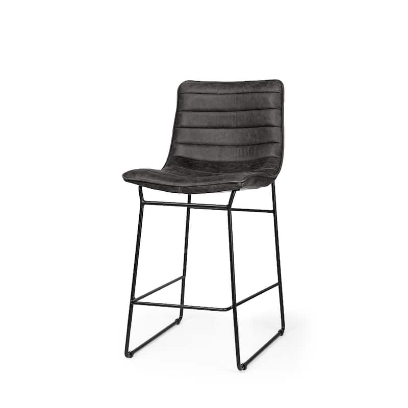 Black Metal Full Back Faux Leather Bar Chair with Footrest and 29 inches Seat Height - 17.72” x 21.65” x 37.8” (D x W x H)