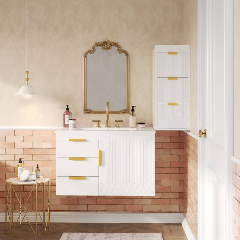 Roomfitters 30 Inch Wall Mounted Bathroom Vanity & Side Cabinet Combo, Floating Storage Station with Sliding Tiers - White