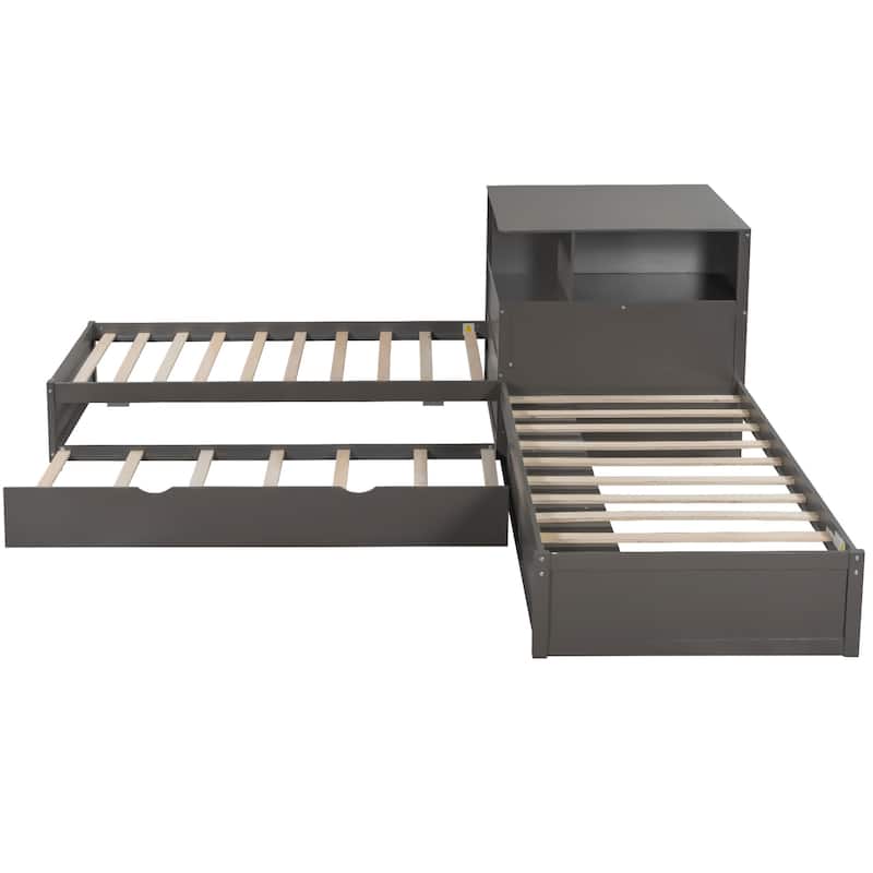 Roomfitters Twin L-Shaped Platform Bed with Trundle, Storage Cabinets and LED Desk