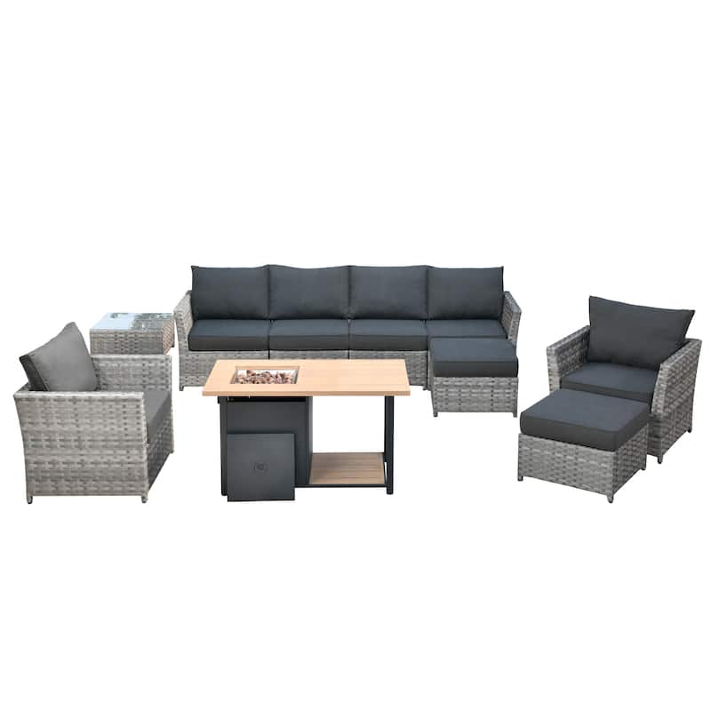 HOOOWOOO 10-piece Grey Wicker Patio Outdoor Furniture Set with Fire Pit