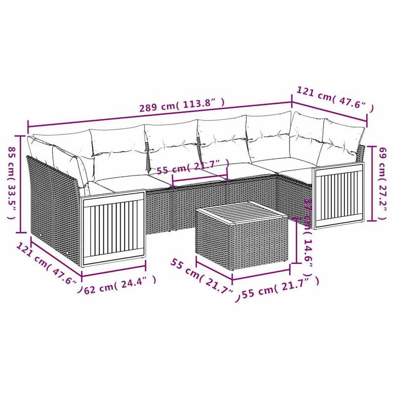 vidaXL 8 Piece Patio Sofa Set with Cushions Gray Poly Rattan - 91.0x27.2x69.3