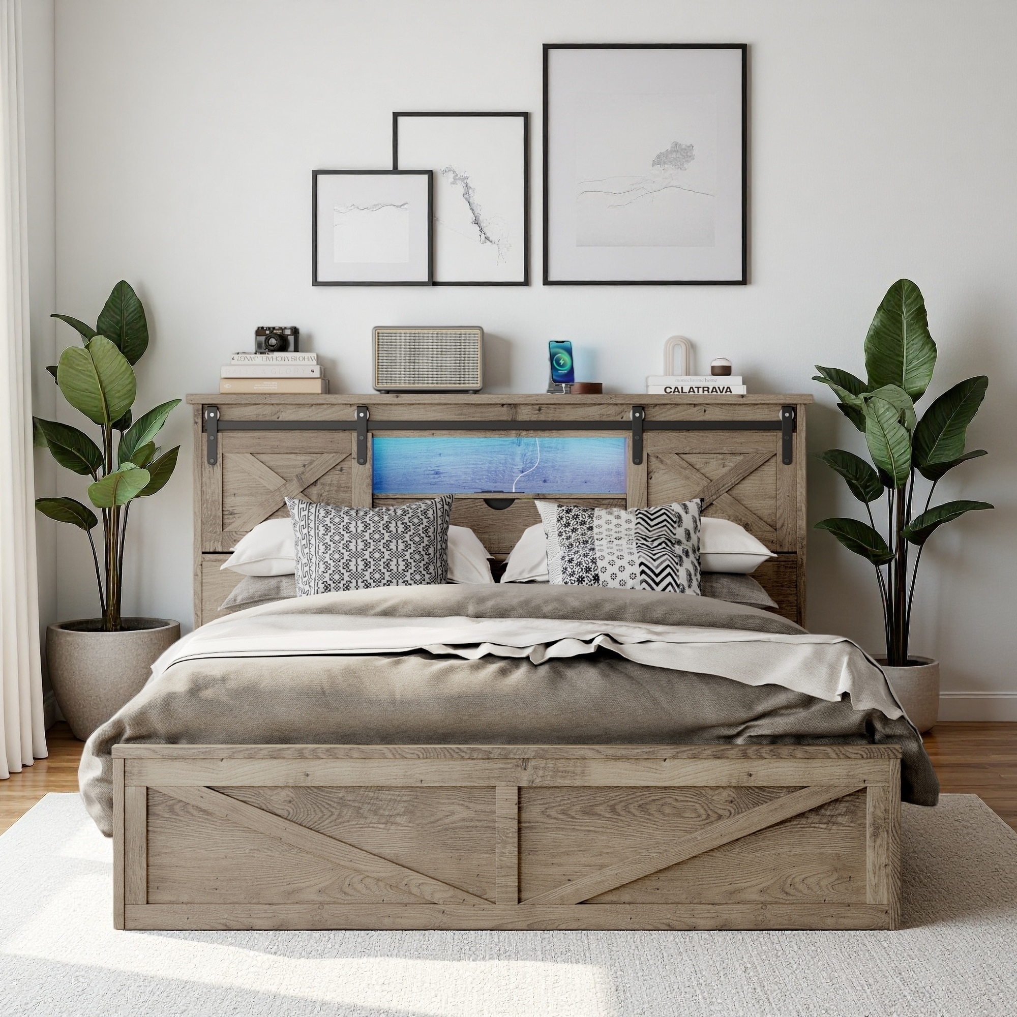 Queen Size MDF Farmhouse Platform Bed Frame with LED Lights, Charging Station, and 2 Storage Drawers