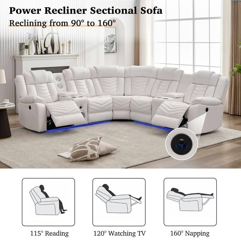 Comfort Stretch Black Faux Leather Power Reclining Sectional Sofa w/Bass Speaker LED Light USB Port,Cup Holder,Storage Console