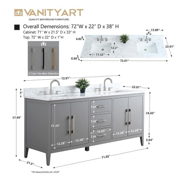 dimension image slide 4 of 10, Vanity Art 72" Double Sink Bathroom Vanity Cabinet with Engineered Marble Top