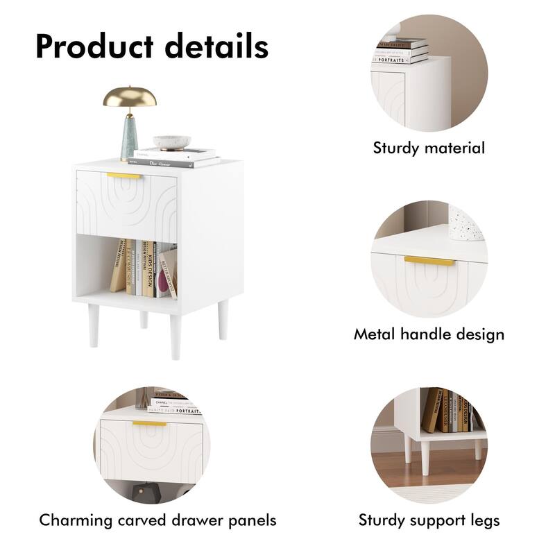 22.83''H Modern White Nightstand With One Drawer And Open Shelf, Gold - Accented Handle, Ideal For Bedroom Decor