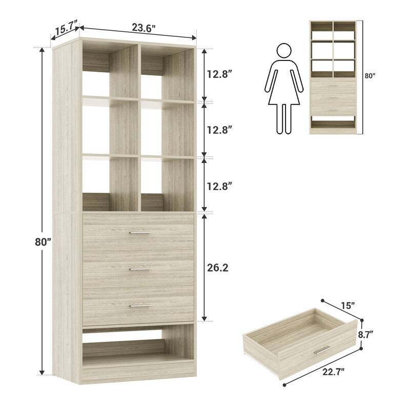 Set of 2 Closet System with 7 Wooden Drawers ＆ 4 Hanging Rods, Heavy Duty Walk-in Closet Organizer System with Shelves
