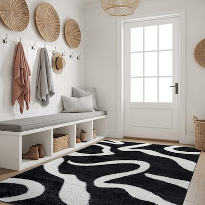 Striped Shag Rug - Durable for Living Room, Bedroom, or Entryway - Anthracite Dark Gray - Easy to Clean